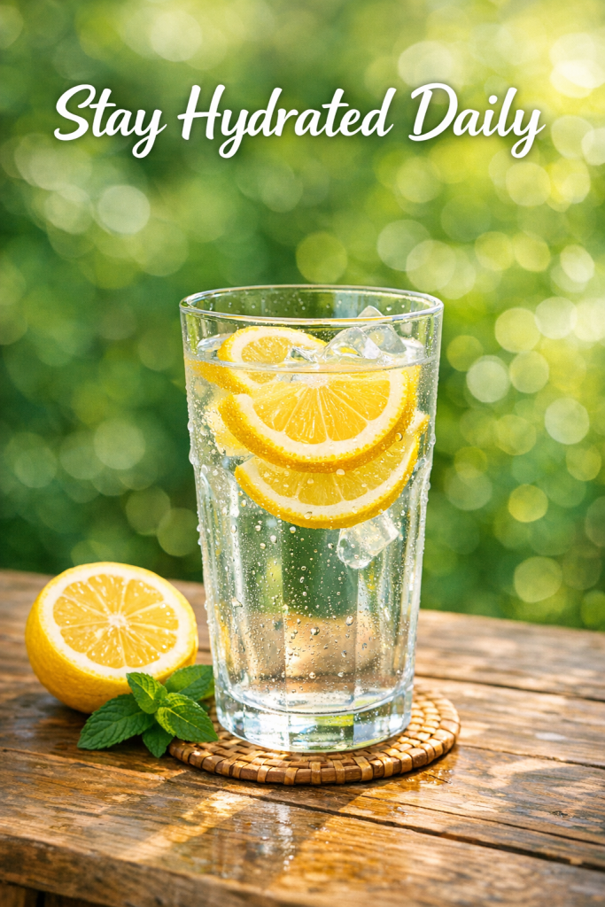 Illustration showing different sources of hydration – water, fruits and a daily drinking schedule – explaining daily water intake guidelines