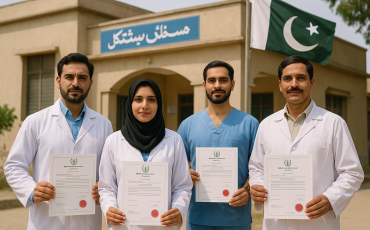 Allied Health Professionals in Pakistan standing proudly with AHPC licenses in front of a rural healthcare facility.