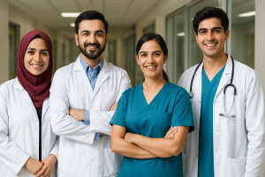 Allied Health Professionals in Pakistan standing in hospital corridor.