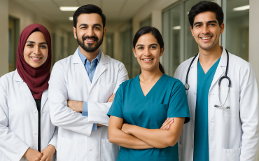 Allied Health Professionals in Pakistan standing in hospital corridor.