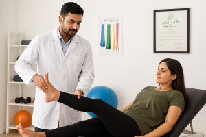 Physiotherapist treating a patient in a private clinic in Pakistan during a rehabilitation session.