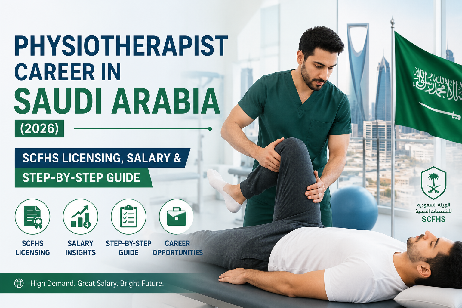 Physiotherapist treating a patient in a Saudi Arabia clinic with Riyadh skyline showing SCFHS licensing process salary and career opportunities 2026