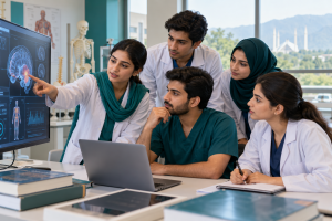 Allied health professionals reviewing an AI-assisted digital teaching display