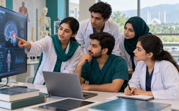 Allied health professionals reviewing an AI-assisted digital teaching display