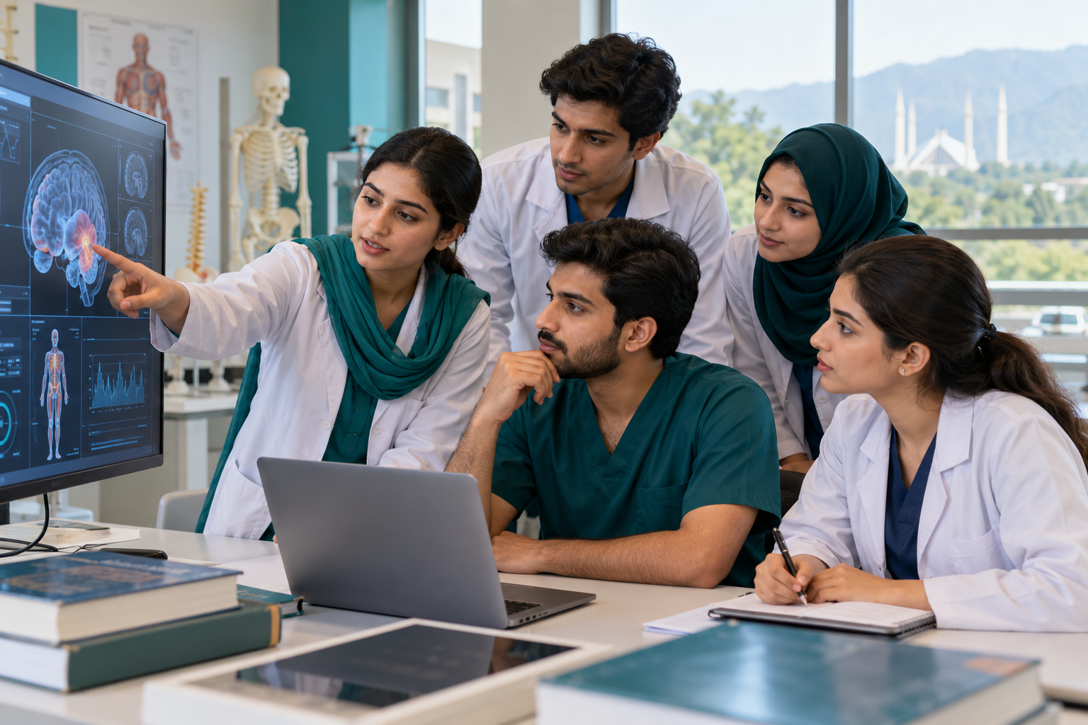 Allied health professionals reviewing an AI-assisted digital teaching display